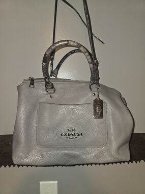 Coach Emma Satchel handbag in grey leather - snakeskin python handle and strap